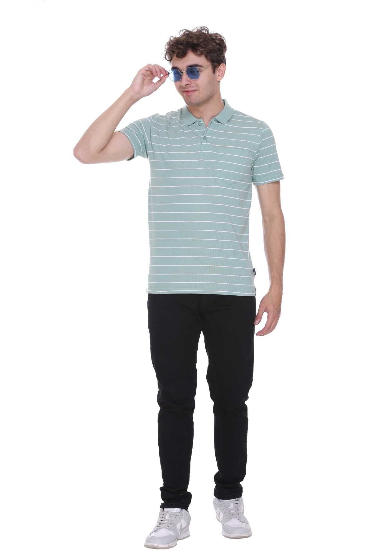 Pista Green White Striped Half Sleeve Polo T-Shirt Men