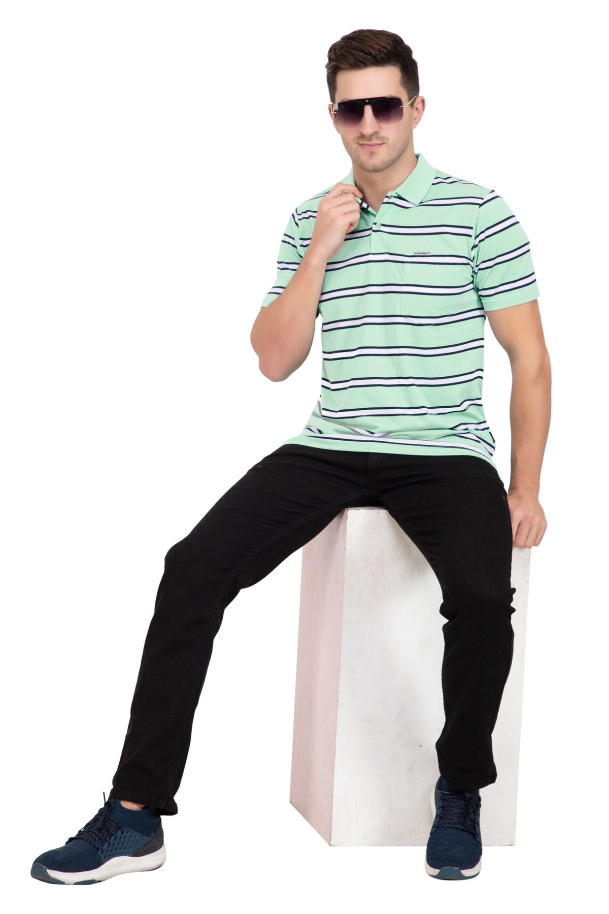 Green Striped Men Half Sleeve Polo T-Shirt With Pocket
