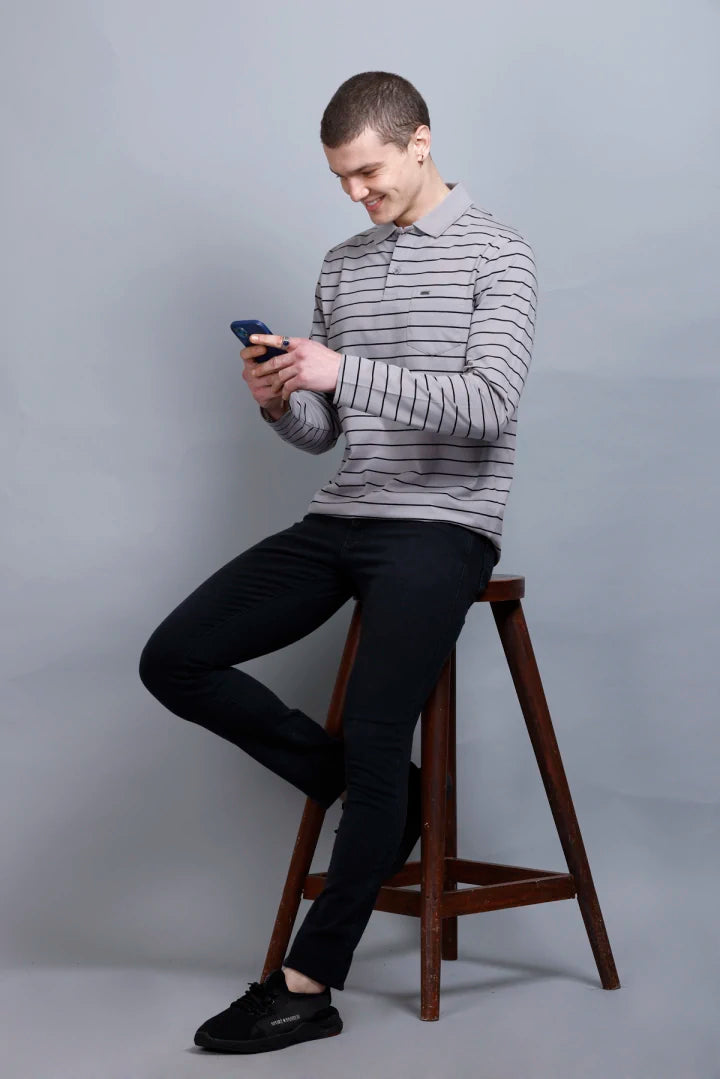 Light Grey Striped Cotton Full Sleeve Polo tshirt shirt for men