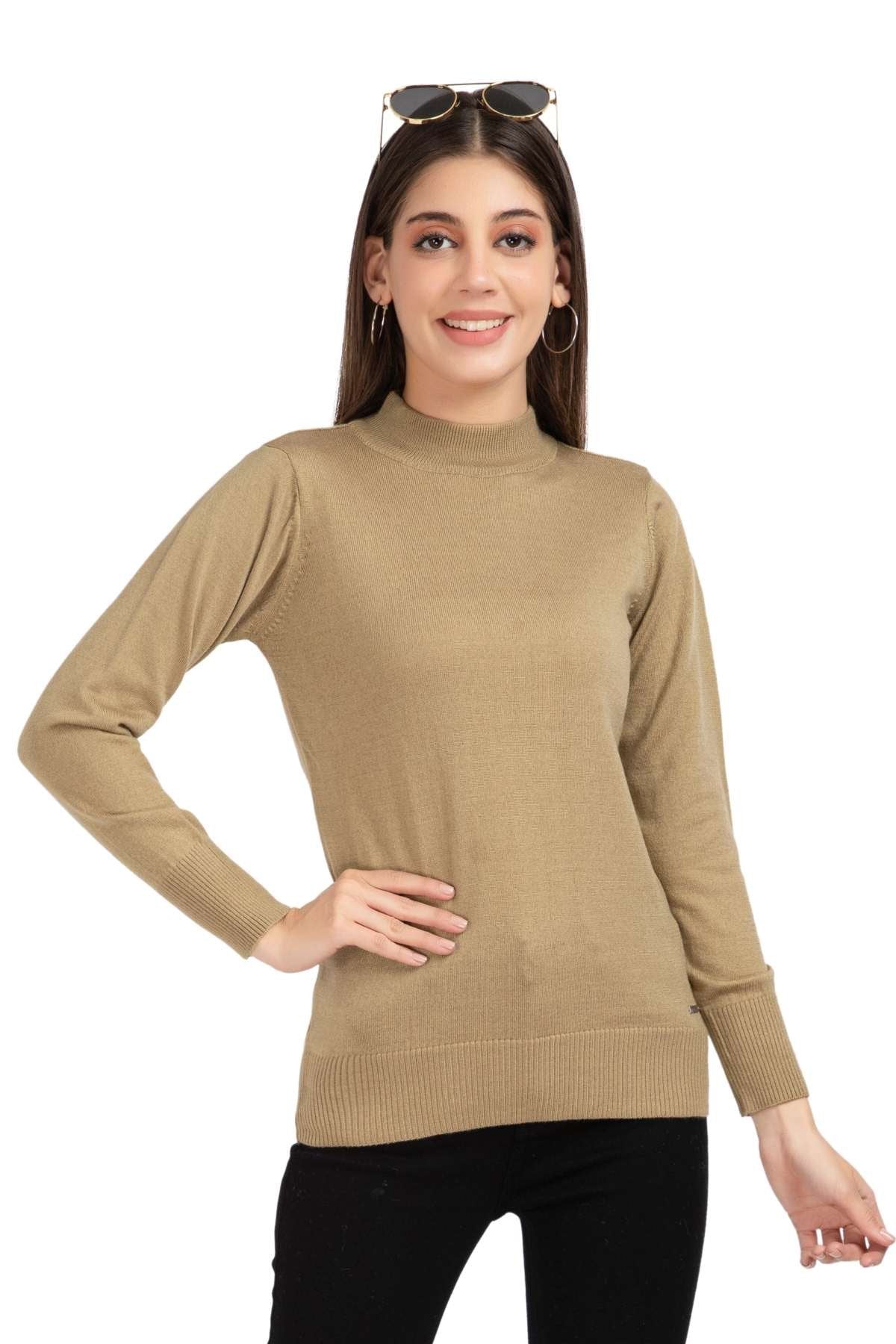 Beige Full Sleeve Woolen Turtle Neck Sweater For Women