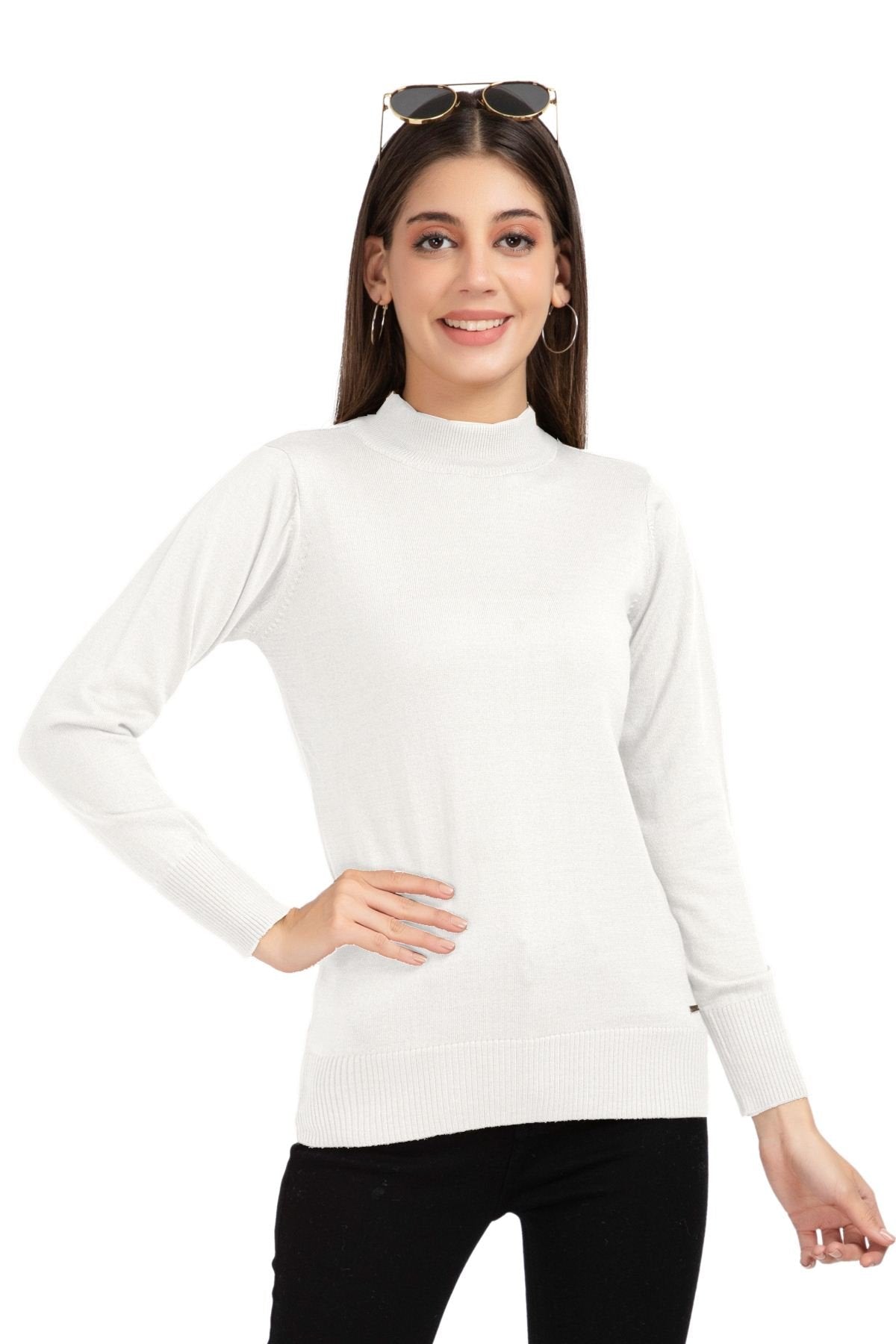 Off White Full Sleeve Woolen Turtle Neck Sweater For Women