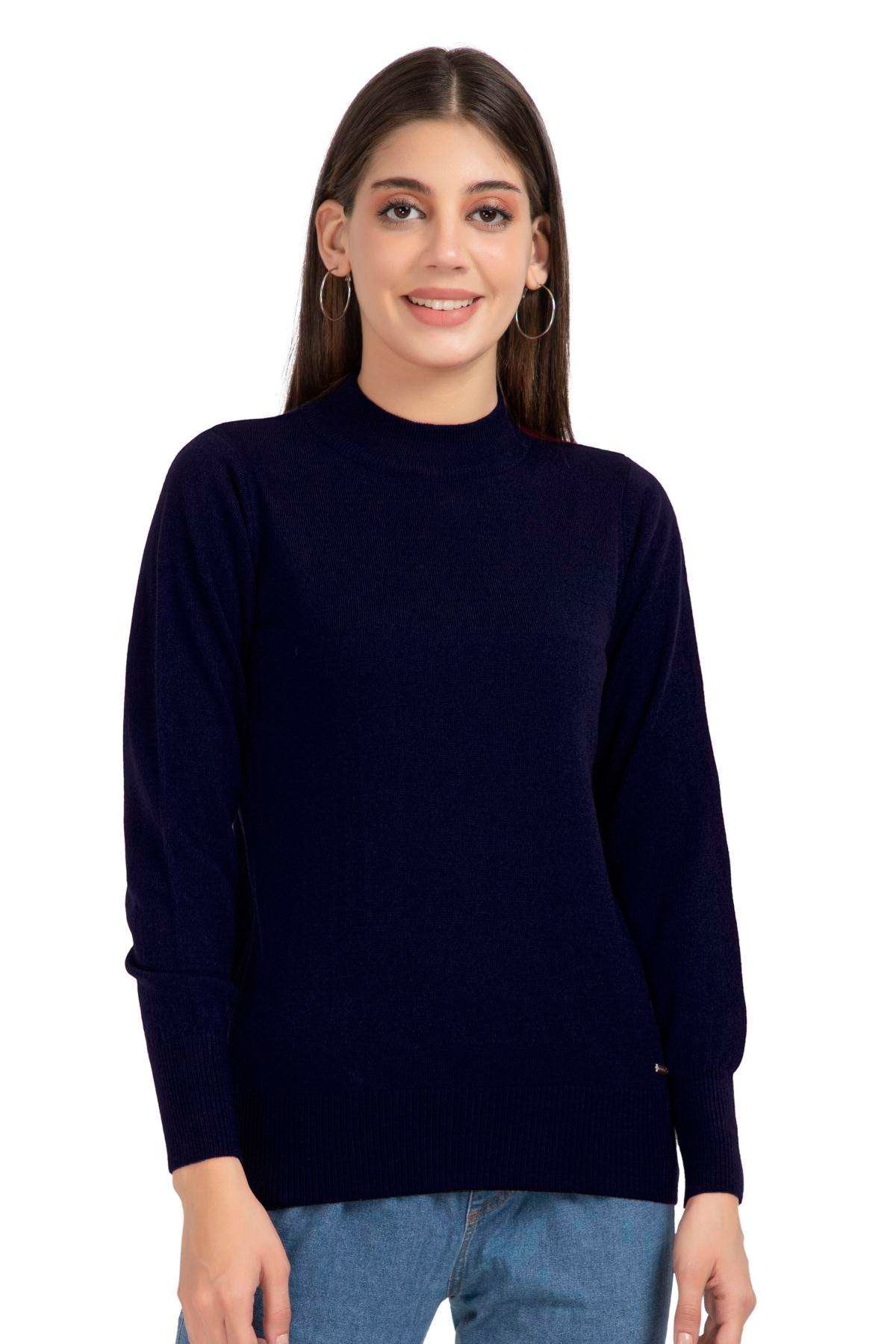 Navy Full Sleeve Woolen Turtle Neck Sweater For Women