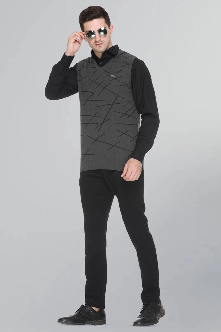 Charcoal Woolen V-Neck Men Designer Sleeveless Sweater