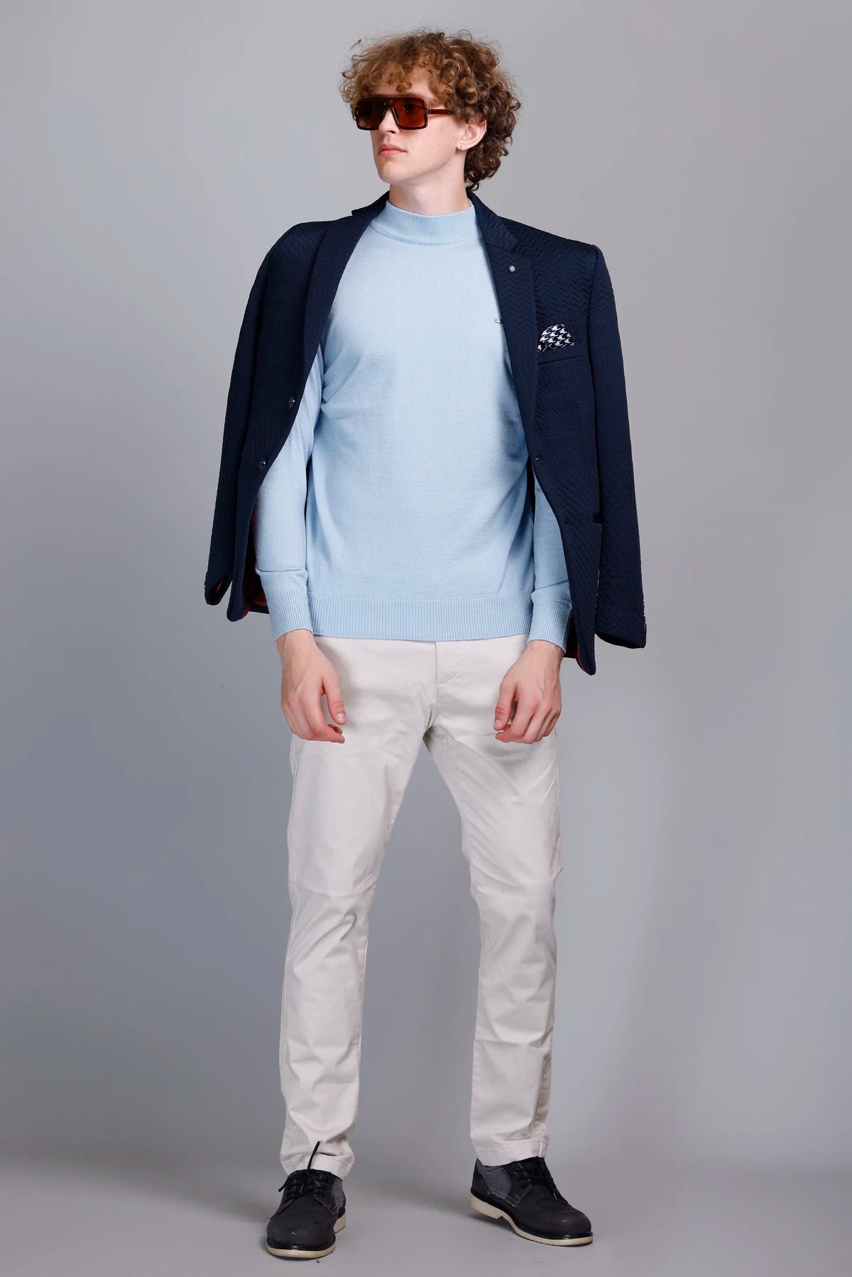 Solid Sky Blue Turtleneck Men Sweater