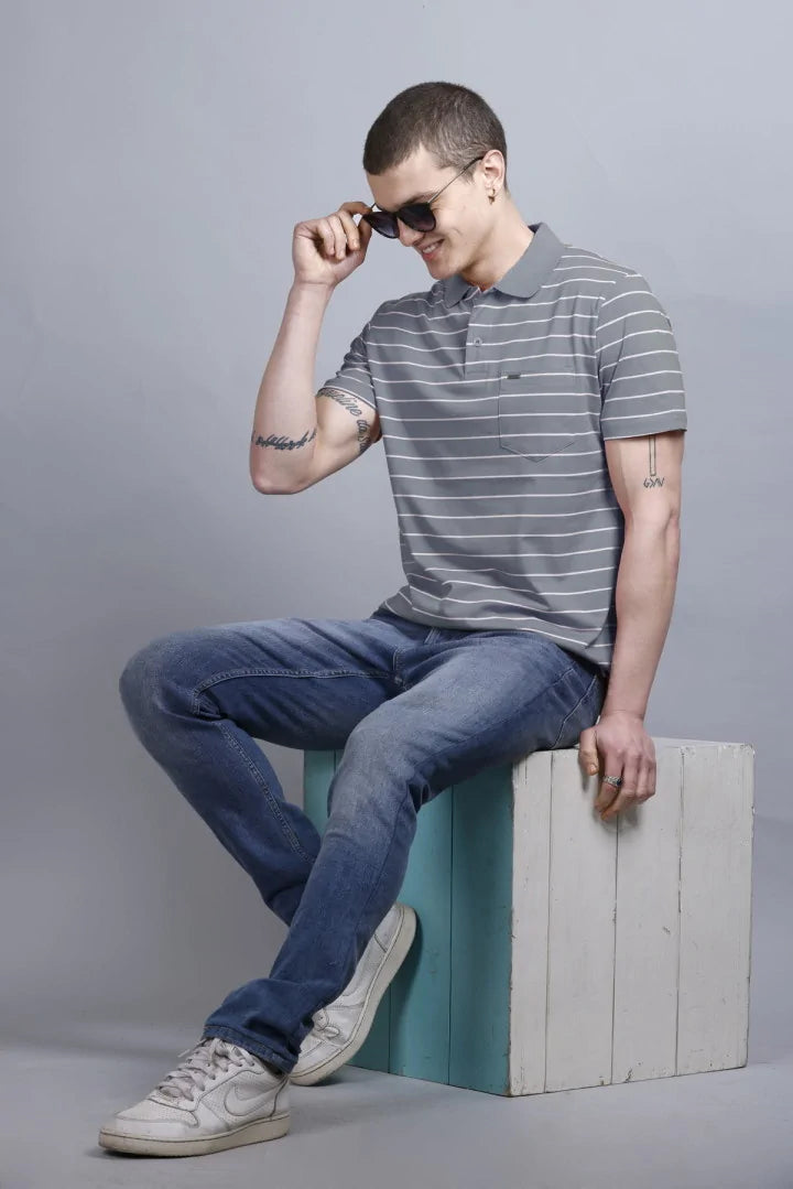 Medium Grey Striped Cotton Half Sleeve Polo T Shirts With Pocket