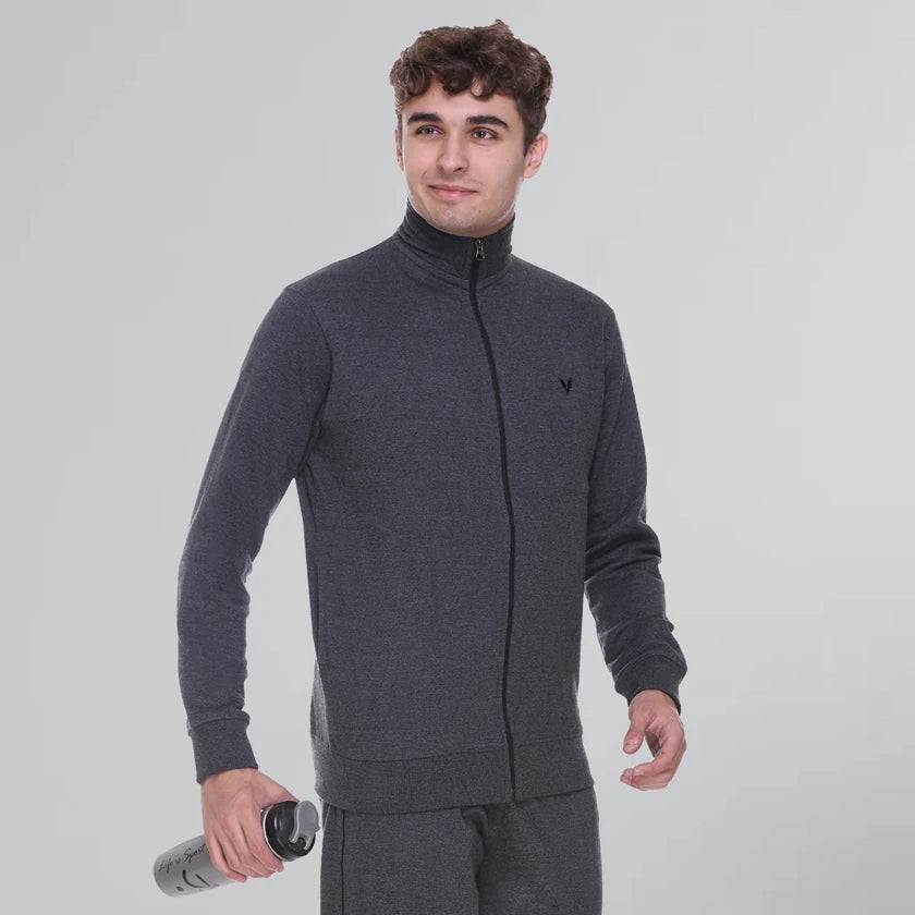 Charcoal Cotton Fleece Full Sleeve Jacket Sweatshirt For Men