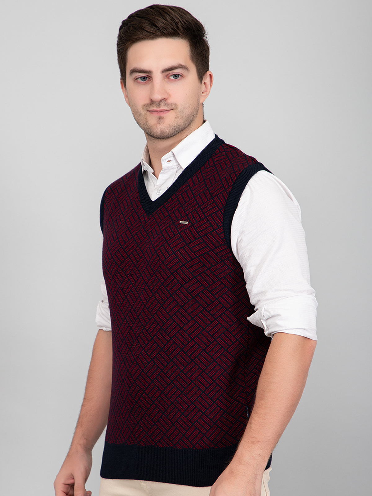 Navy Woolen V-Neck Sleeveless Half Sweater For Men