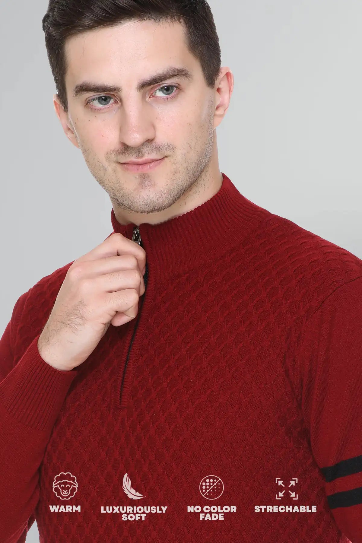 Maroon Half Zipper Self Design Knitted Men Sweater
