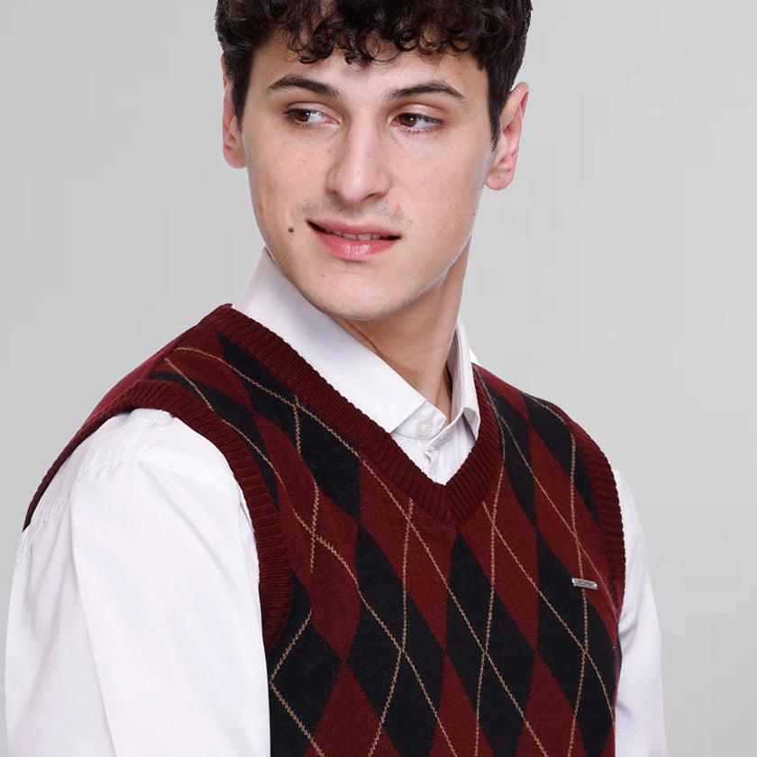 Wine Woolen V-Neck Sleeveless Half Sweater For Men