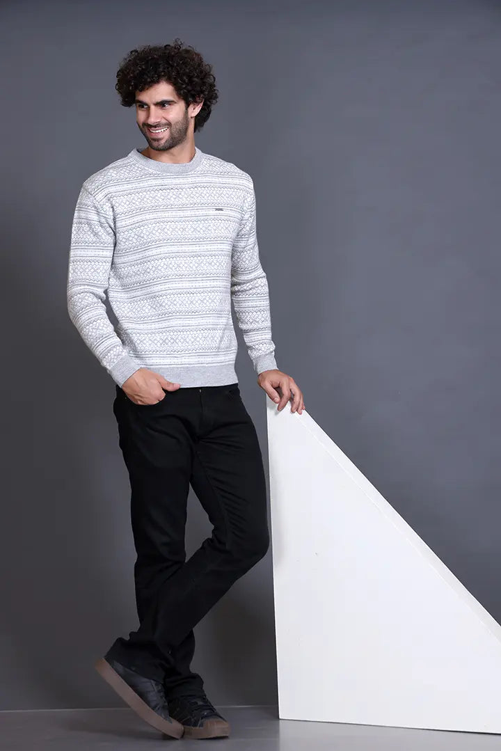 Light Grey Woolen Round Neck Designer Men Sweater