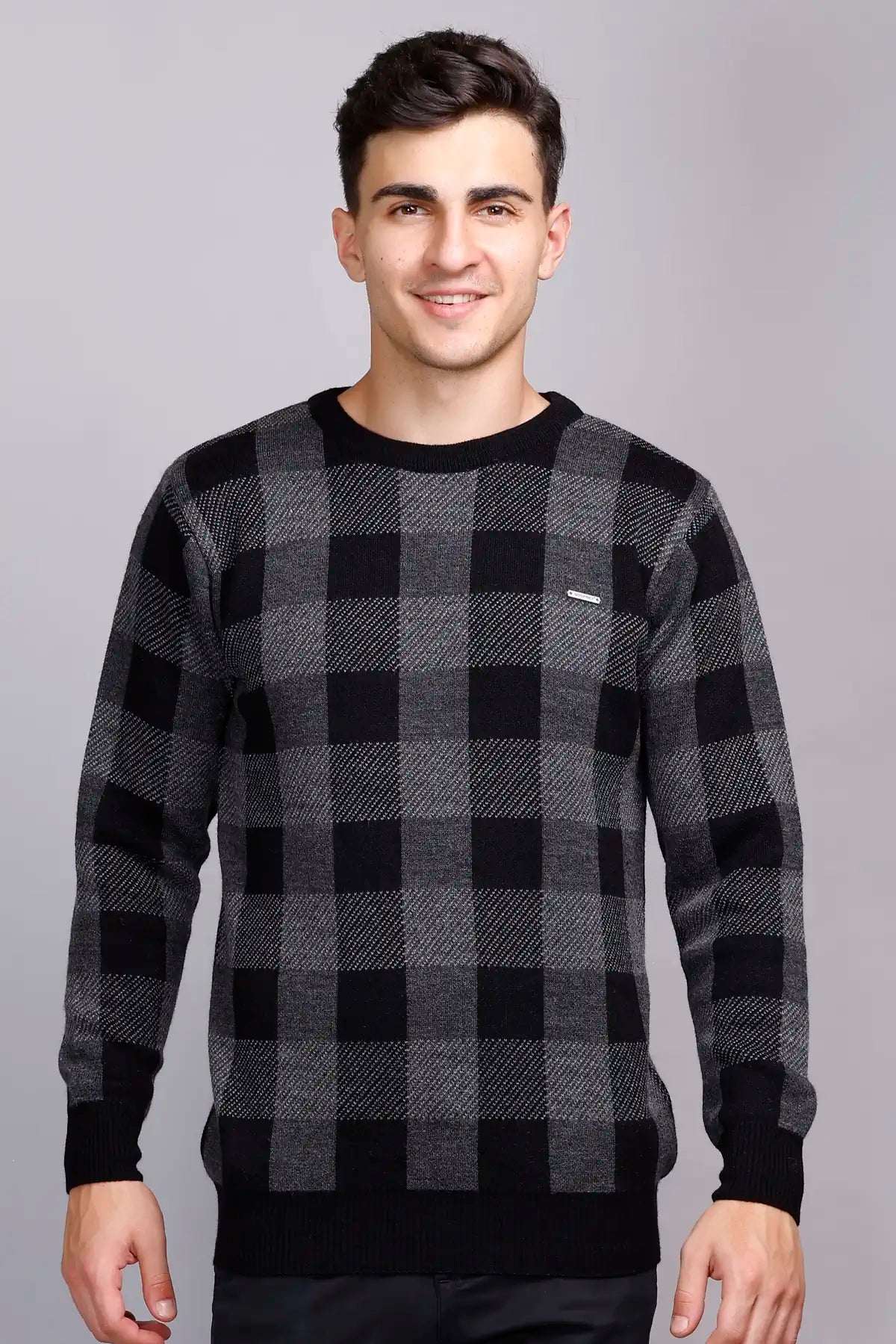 Charcoal Black Woolen Round Neck Men Sweater