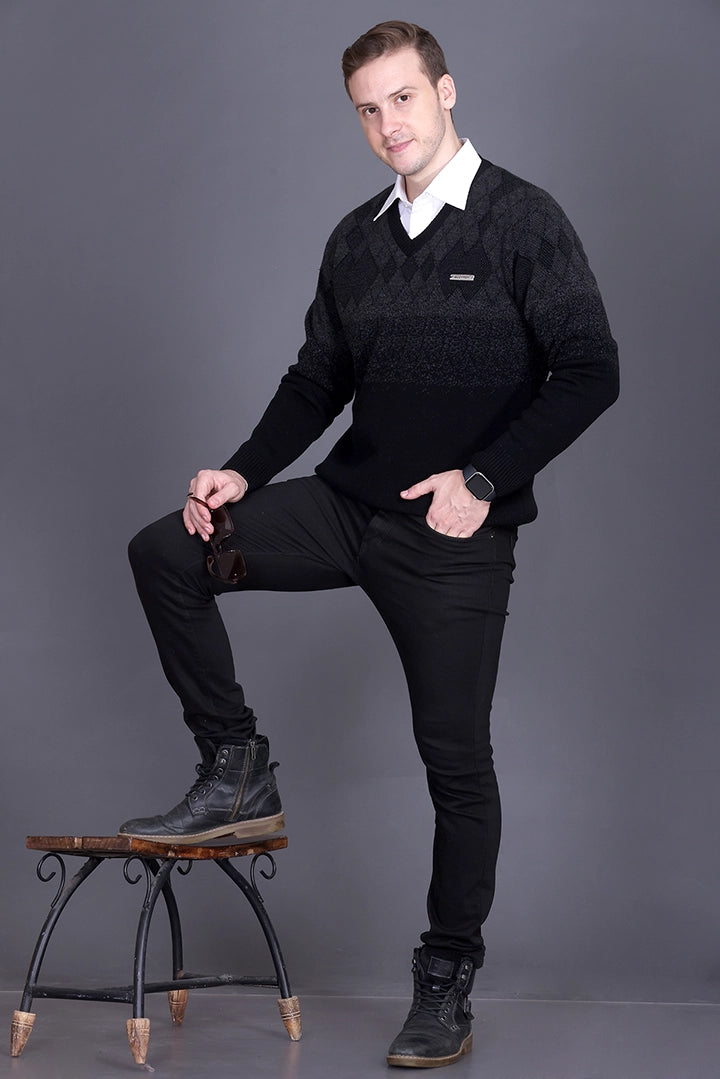 Black Woolen V-Neck Designer Men Sweater