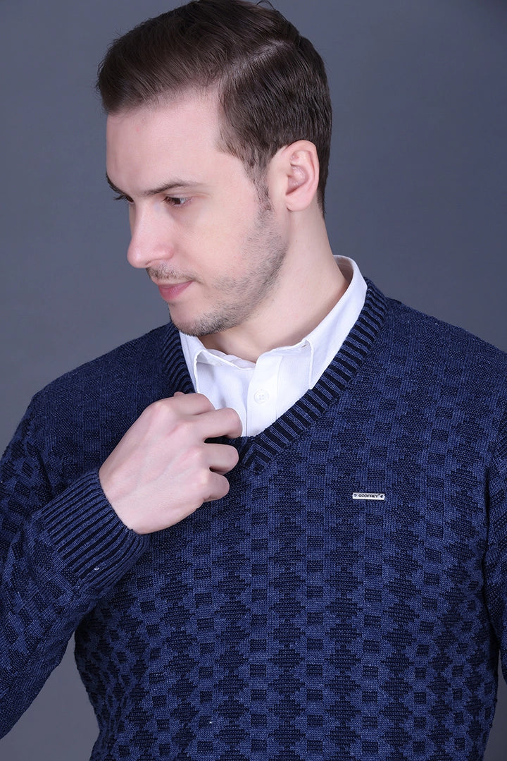 Denim Woolen V-Neck Pullover Sweater for Men