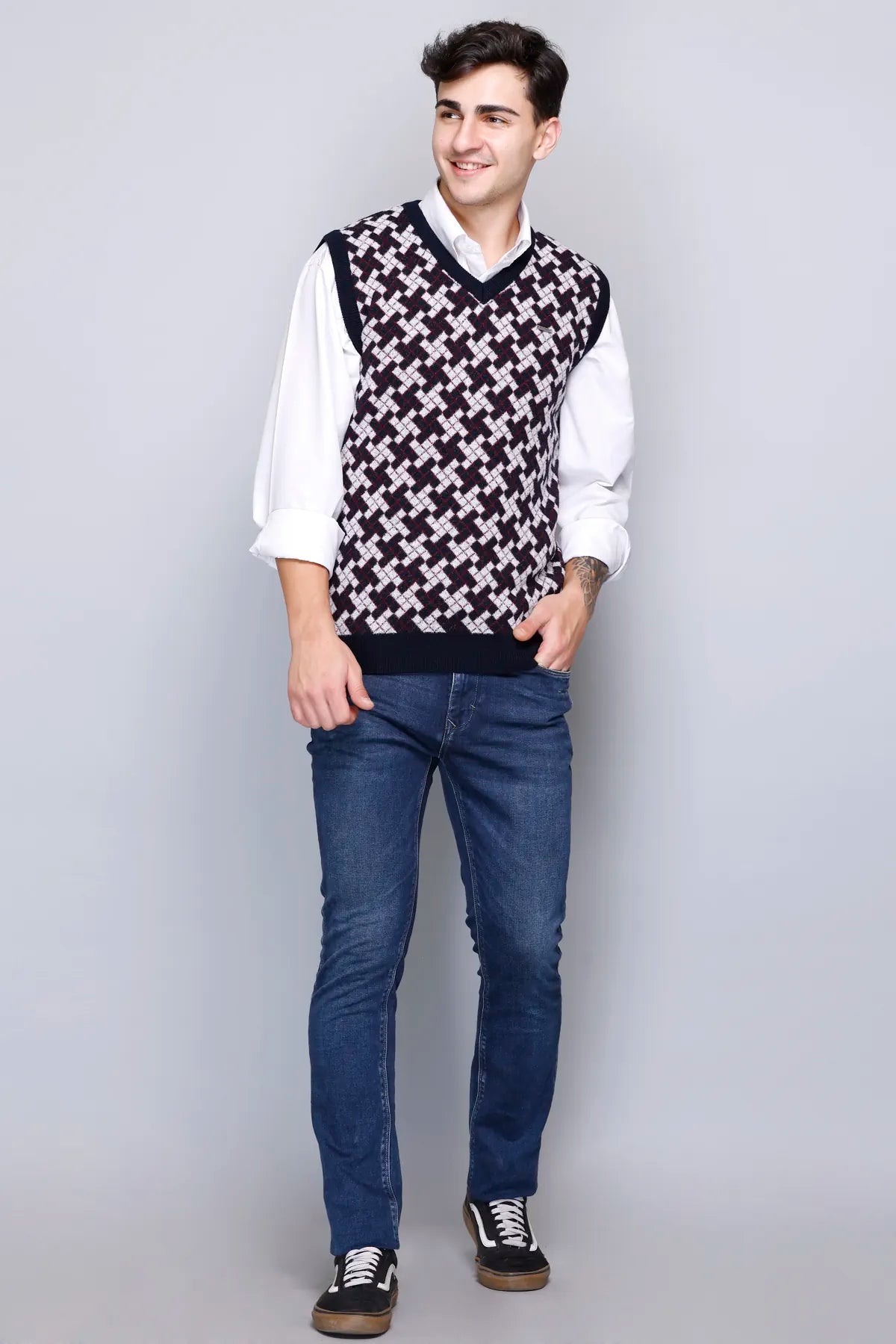 Navy White Check Design Woolen V-Neck Sleeveless Sweater For Men