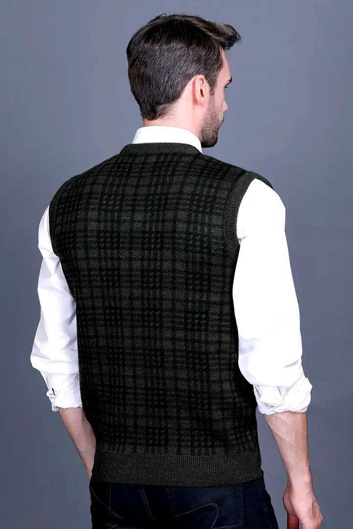 Olive Woolen V-Neck Sleeveless Half Sweater For Men