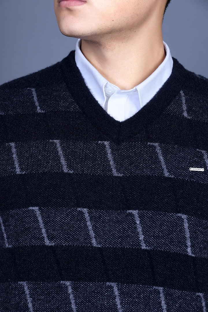 Navy V-Neck Sleeveless Half Sweater For Men