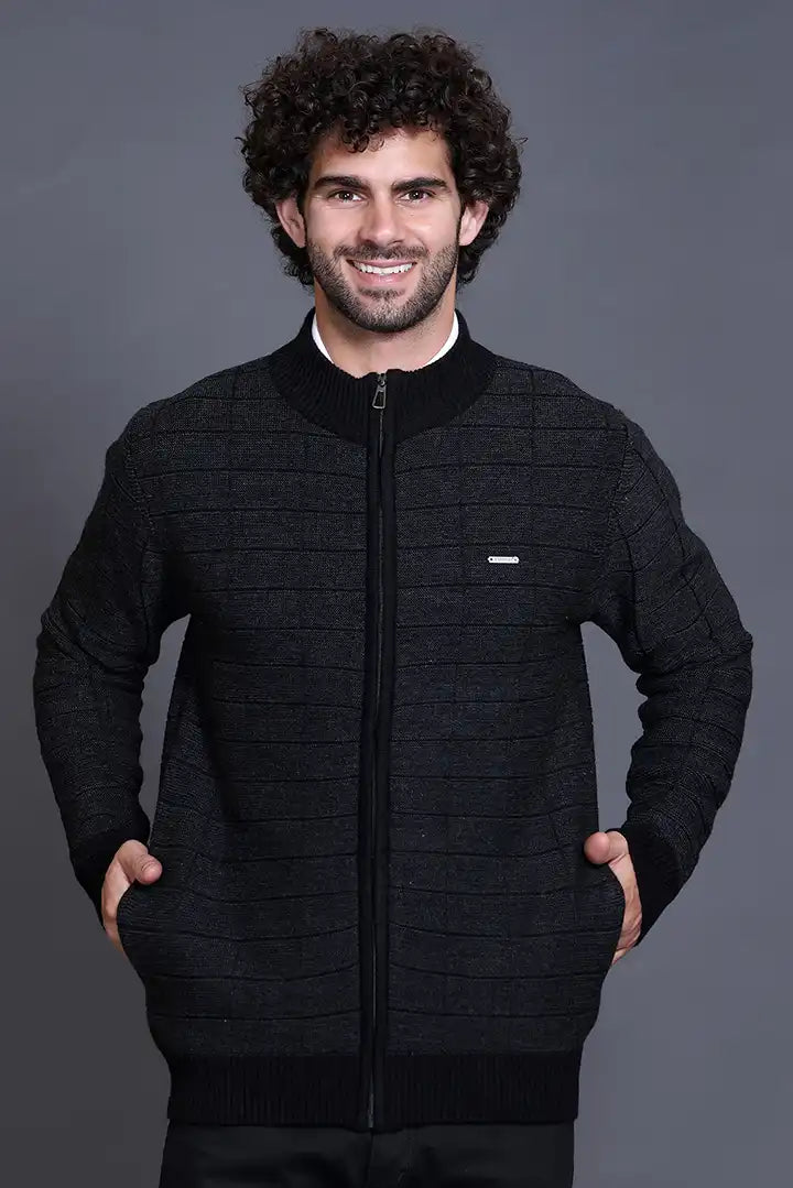 Black Woolen Mens Zip Sweater Full Sleeve