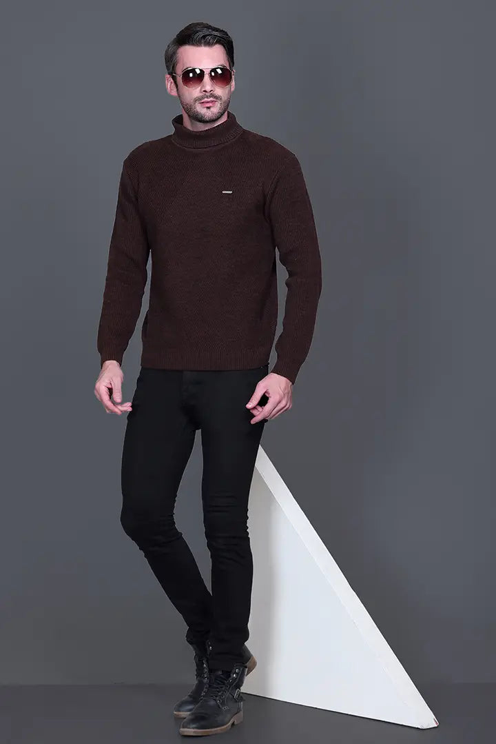 Coffee Solid Turtle Neck Woollen Pullover