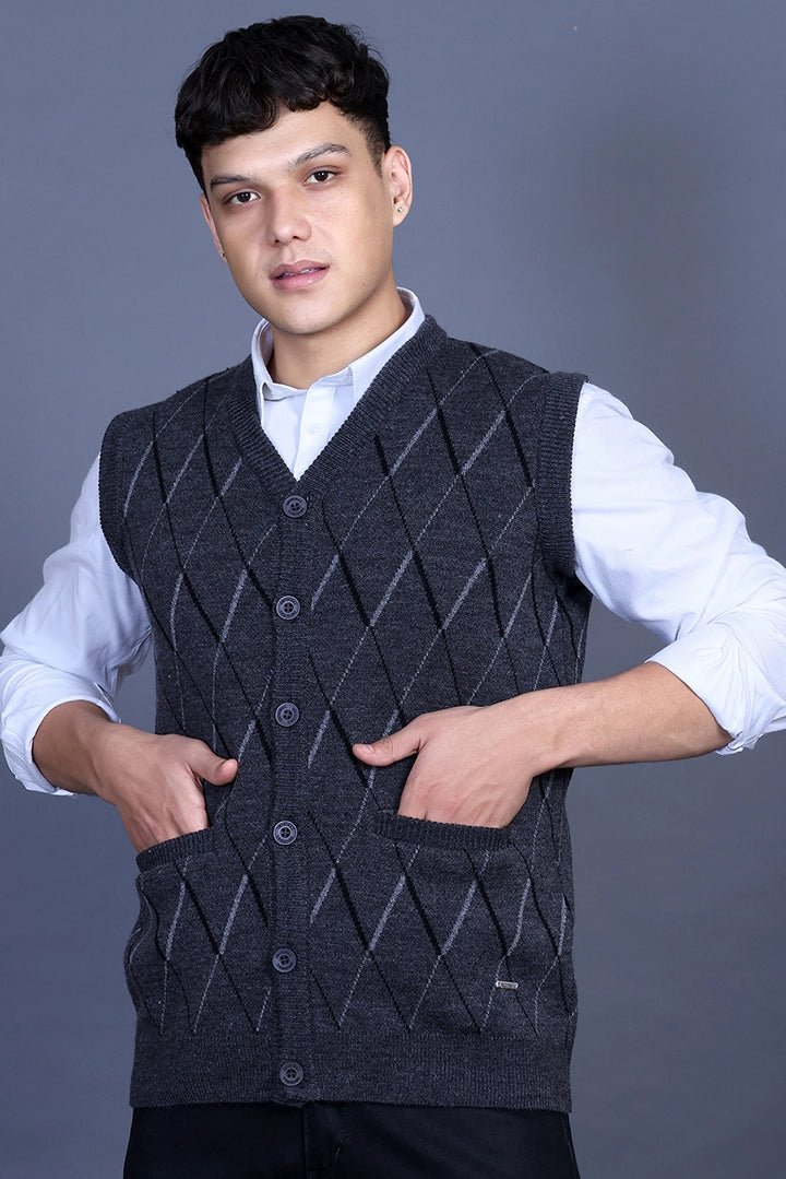 Charcoal Woolen V-Neck Sleeveless Mens Cardigan Sweaters