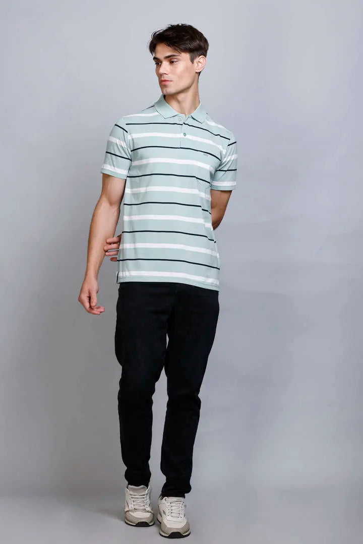 Ocean Green Striped Half Sleeve Polo T-Shirt for Men With Pocket