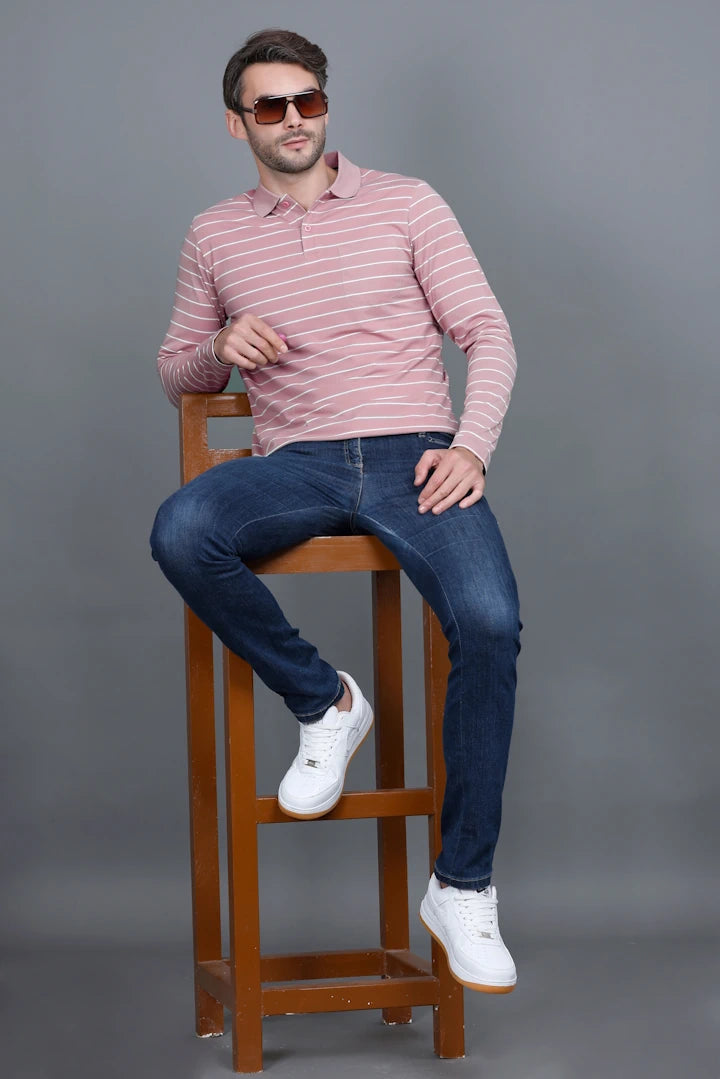 Onion Striped Cotton Full Sleeve Polo tshirt shirt for Men