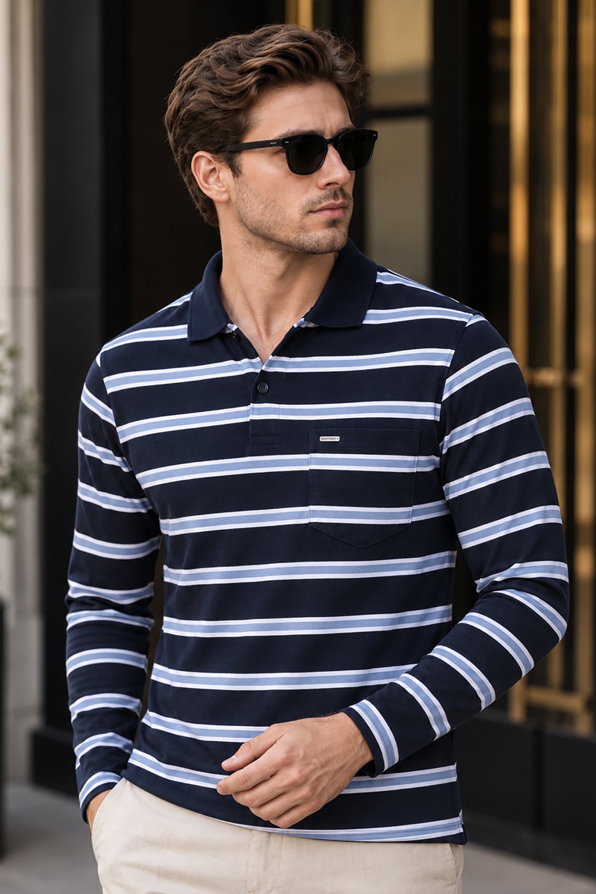 Striped Cotton Full Sleeve Polo Navy T Shirts for men