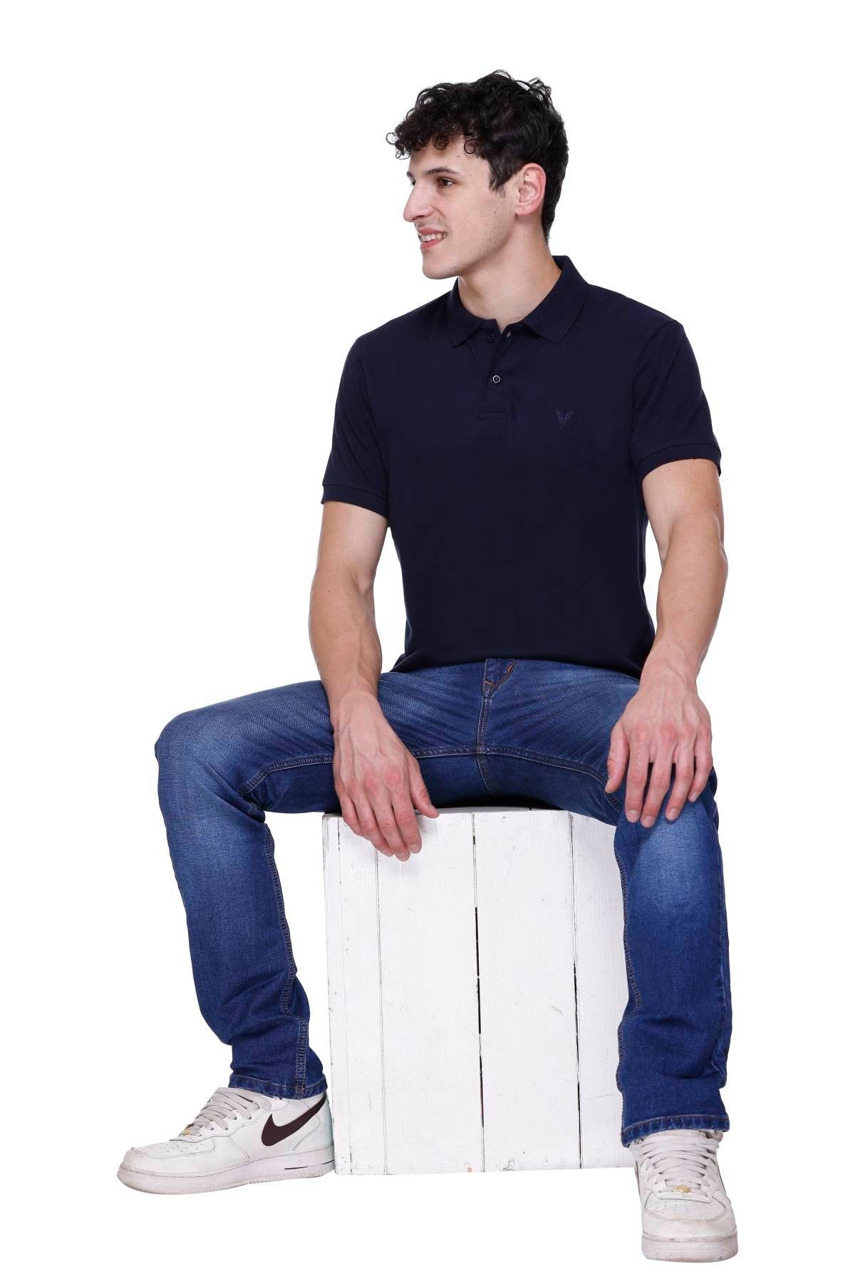 Navy Solid Half Sleeves Polo Neck Cotton T-Shirt for Men