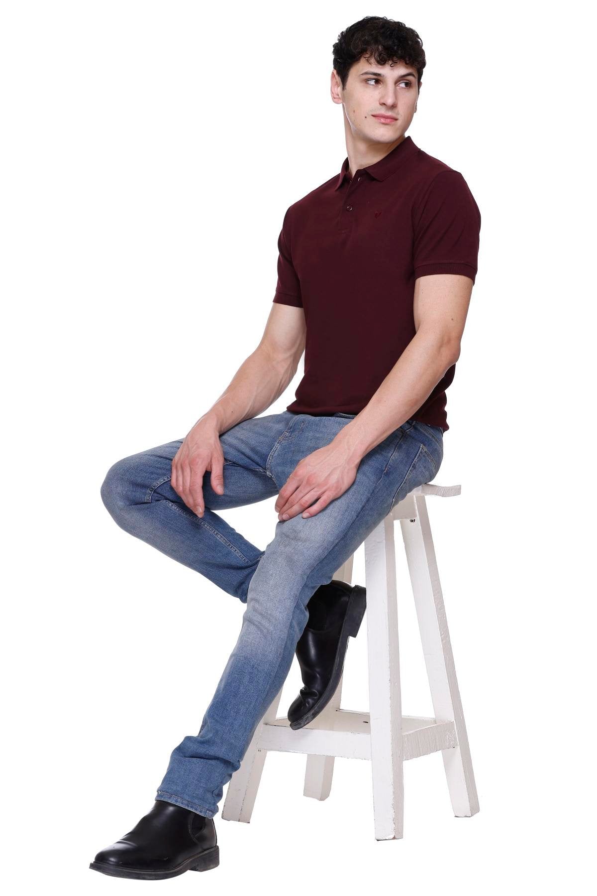 Wine Solid Half Sleeves Polo Neck Cotton T-Shirt for Men