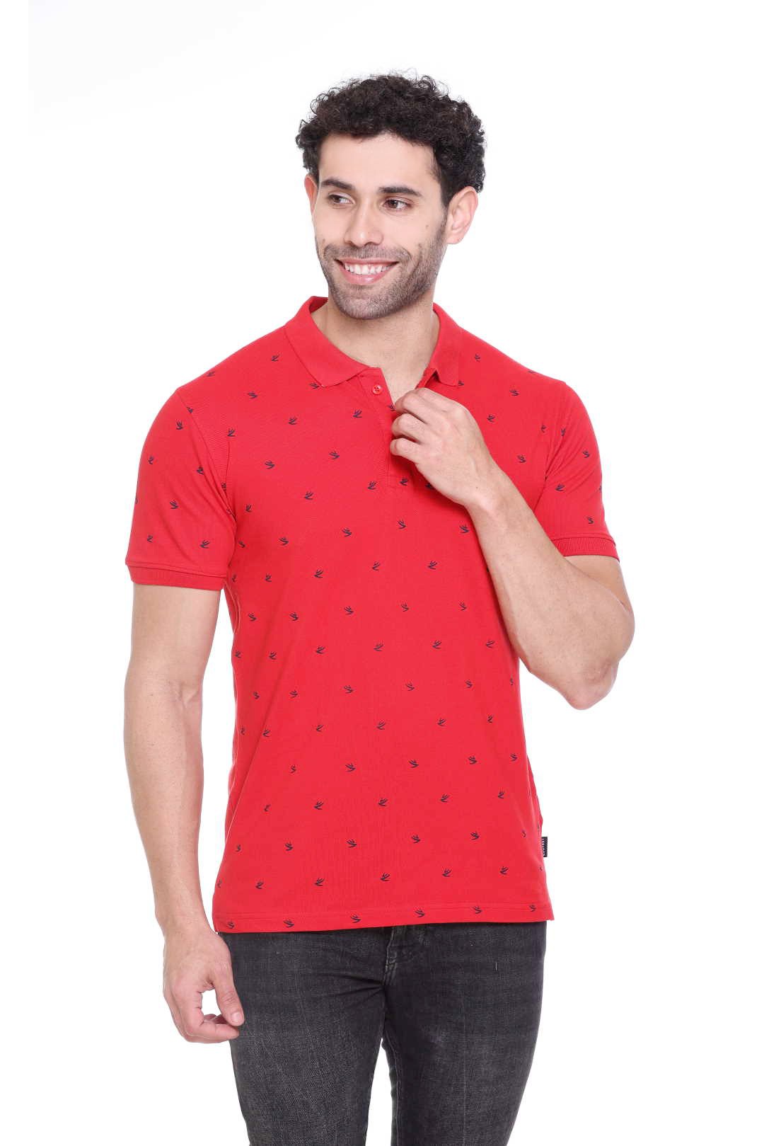 Red Printed Polo Neck Cotton T-Shirt
