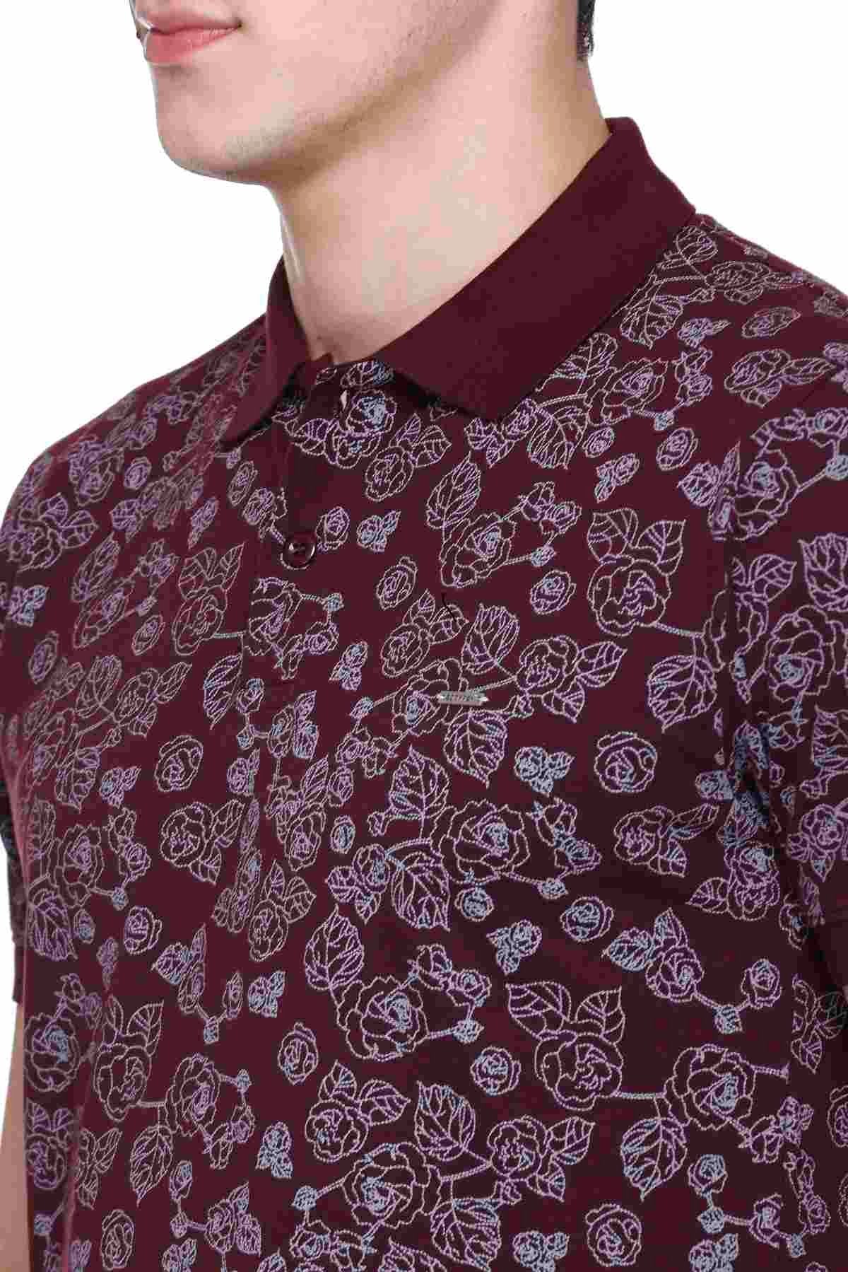 Wine Floral Printed Polo Neck Cotton T-Shirt
