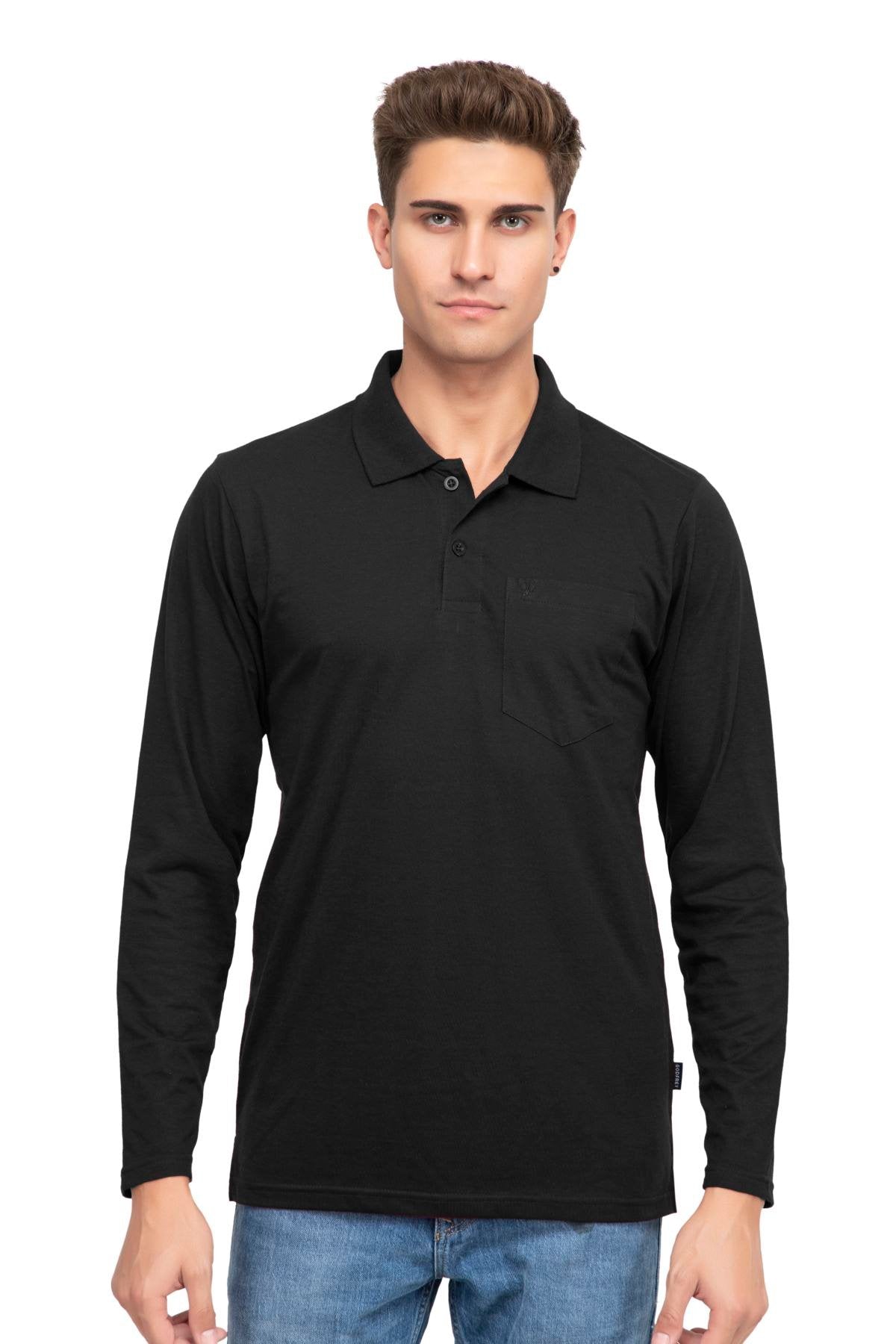 Black Solid Cotton Full Sleeve Men Polo T Shirts