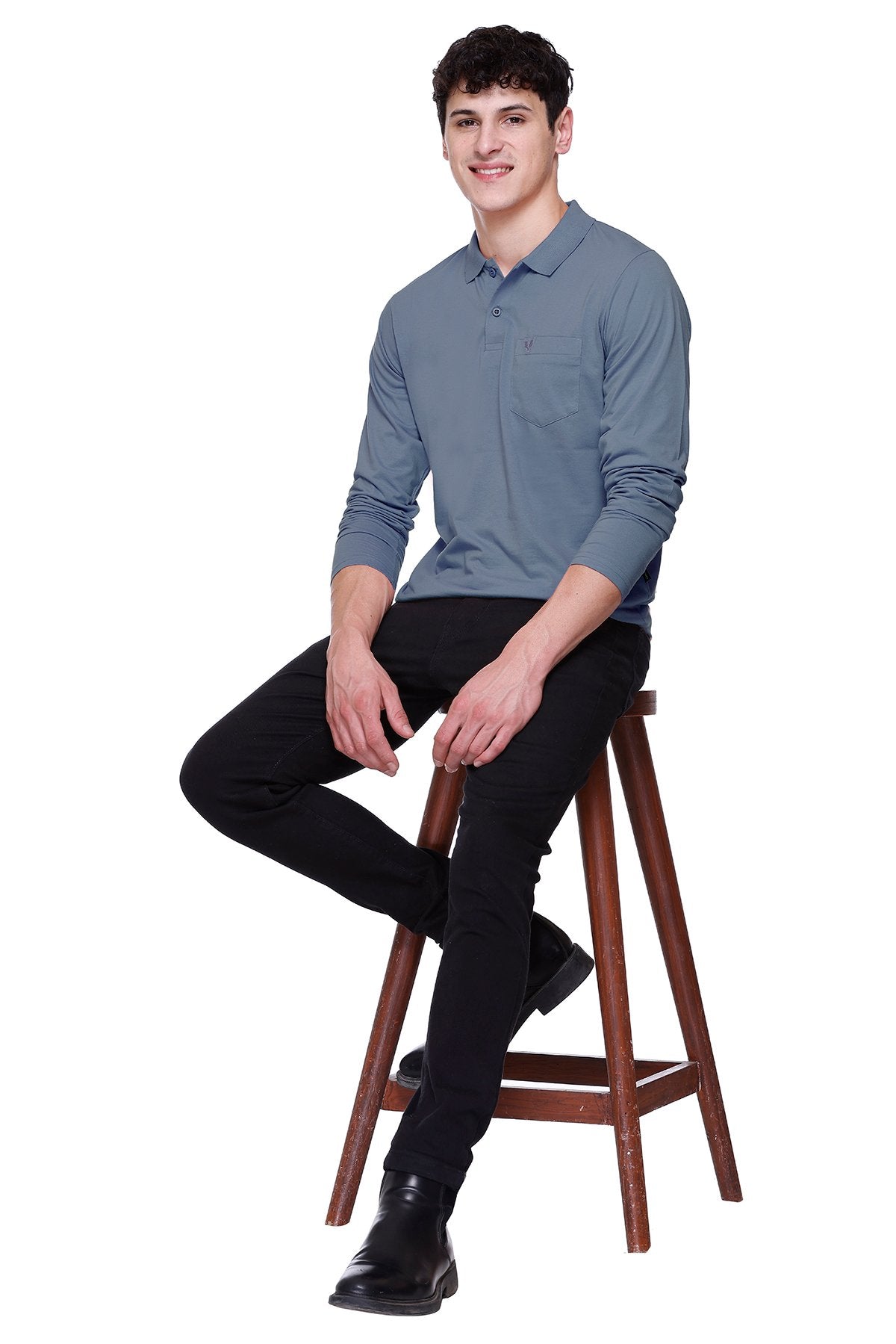 Blue Solid Cotton Full Sleeve Polo T Shirts Men