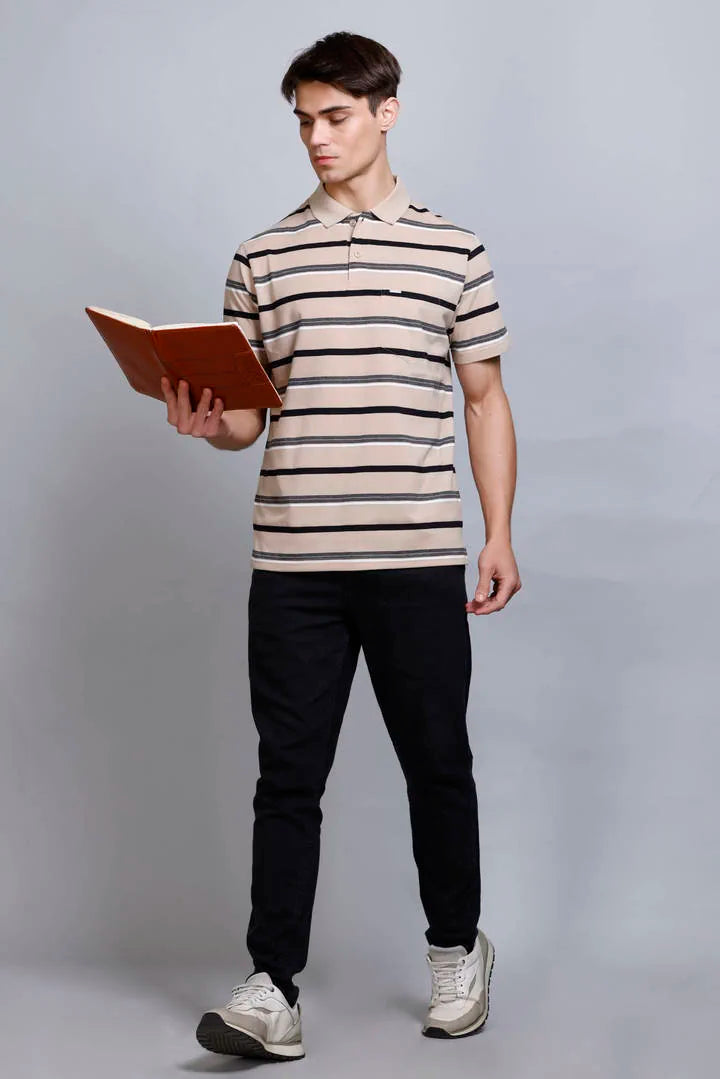 Beige Striped Half Sleeve Men Polo tshirt With Pocket