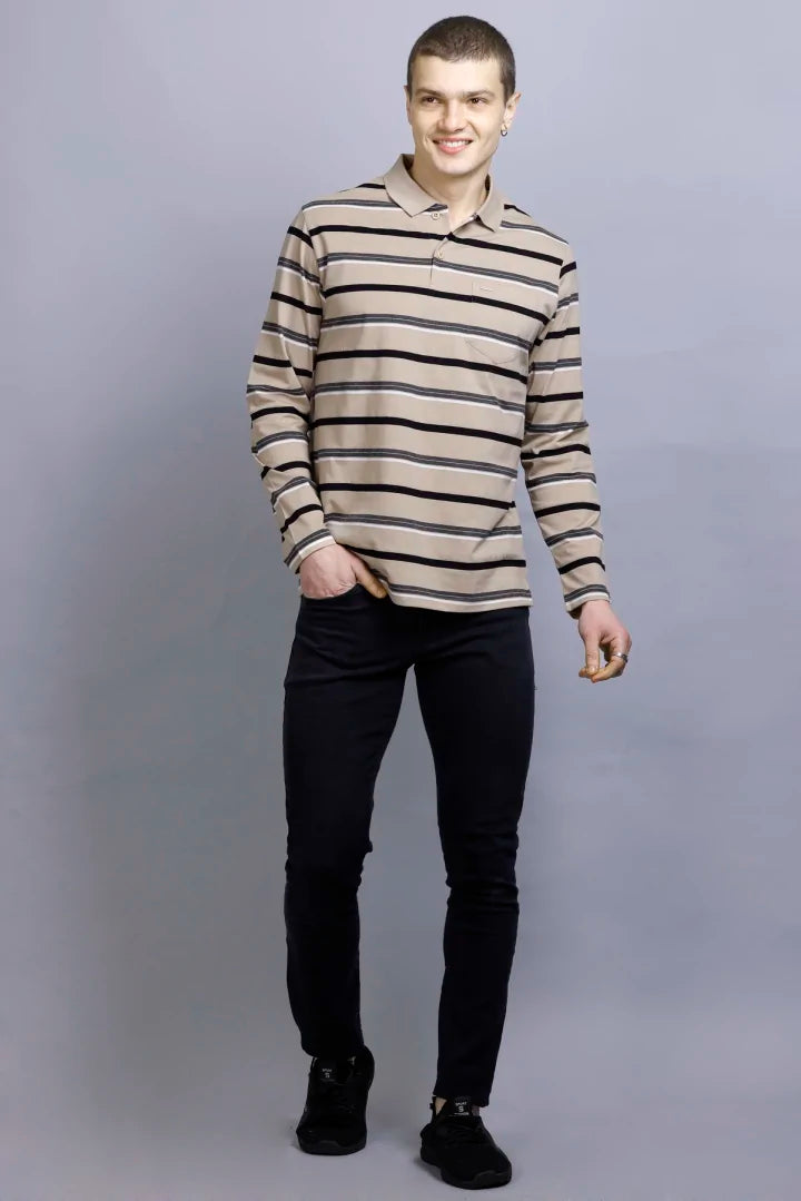 Beige Striped Cotton Full Sleeve Polo Men tshirt With Pocket