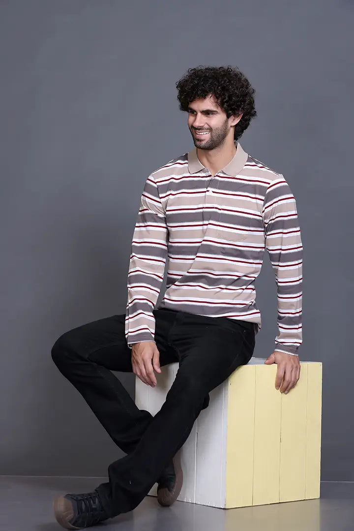 Beige Striped Cotton Full Sleeve Men Polo T Shirts With Pocket