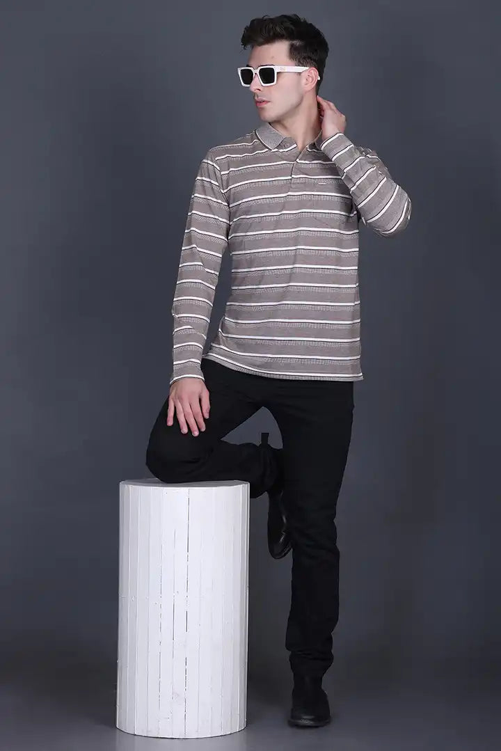 Walnut Brown Full Sleeve Polo T Shirts With Pocket