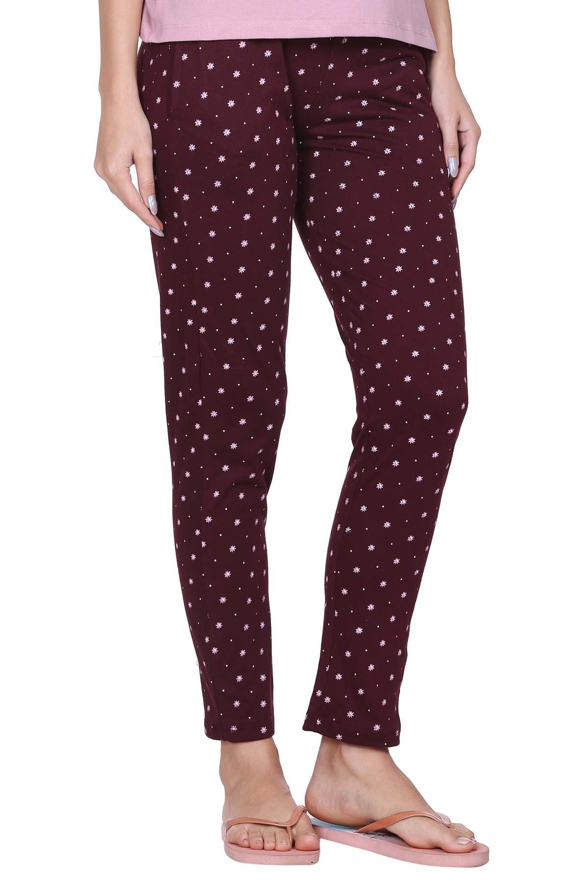 Wine Printed Cotton Pyjamas For Women
