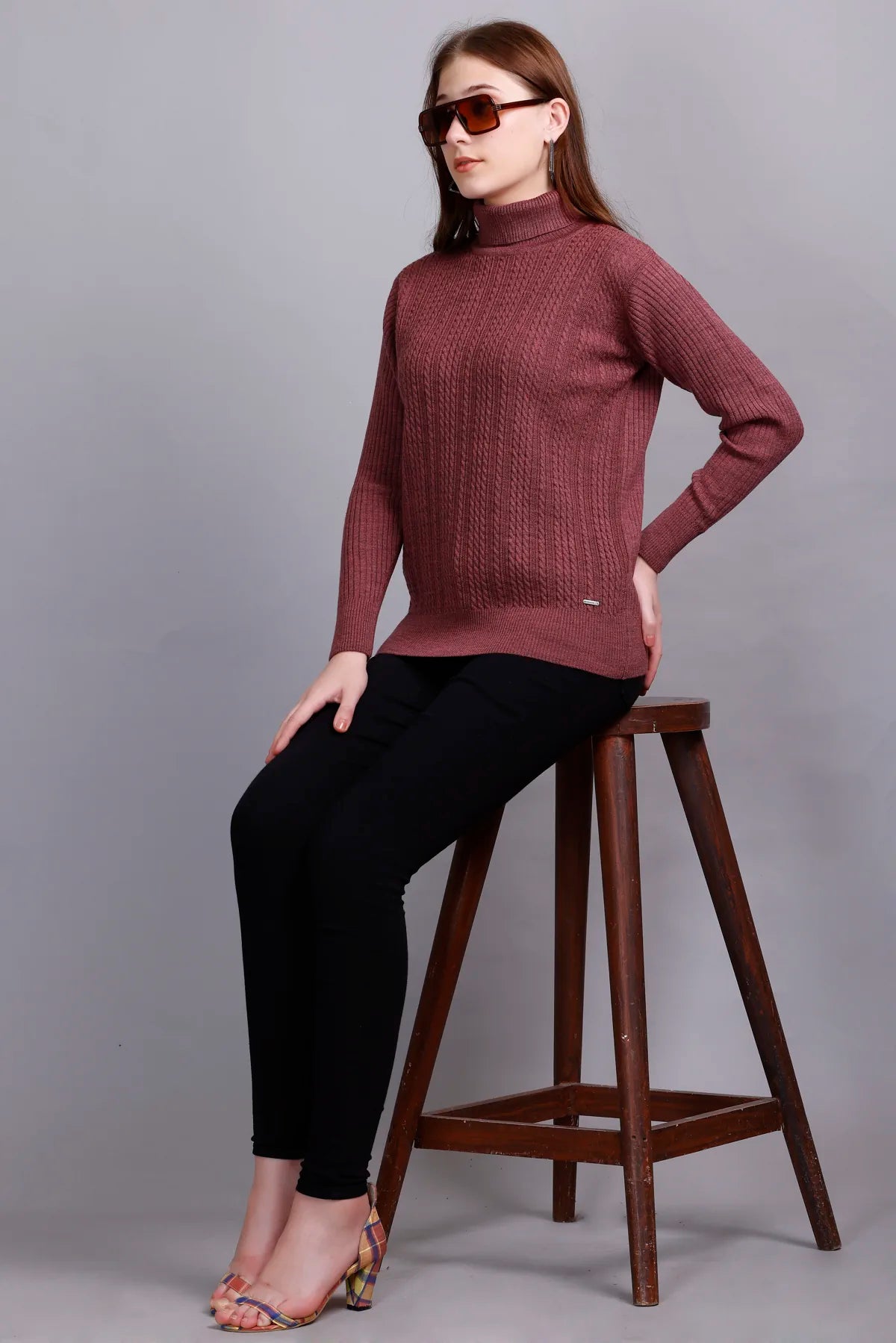 Rose Gold High Neck full Sleeve Sweater Cable Knit