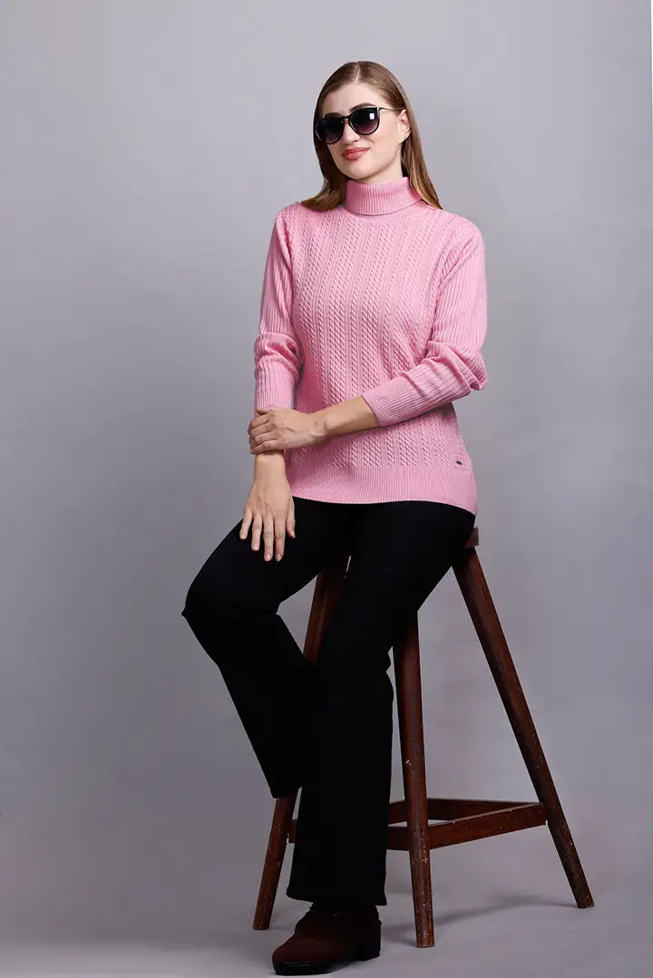 Baby Pink High Neck full Sleeve Sweater Cable Knit