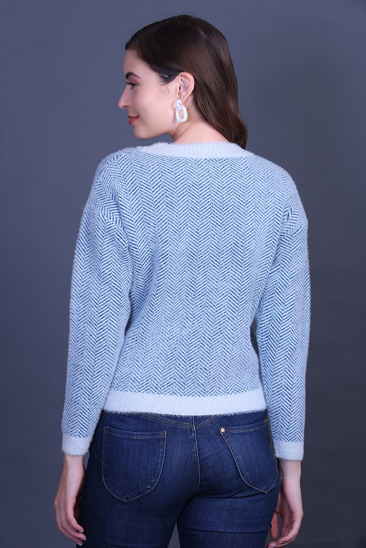 Teal Full Sleeve Woolen Round Neck Sweater For Women