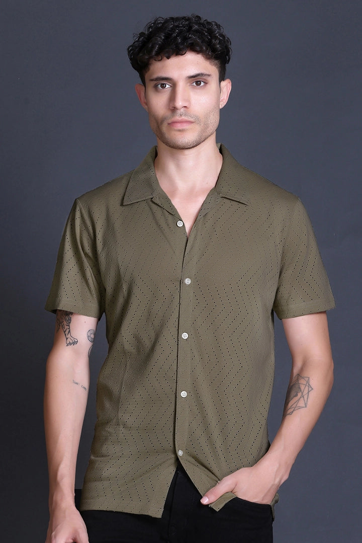 Olive Cuban Collar Shirt For Men