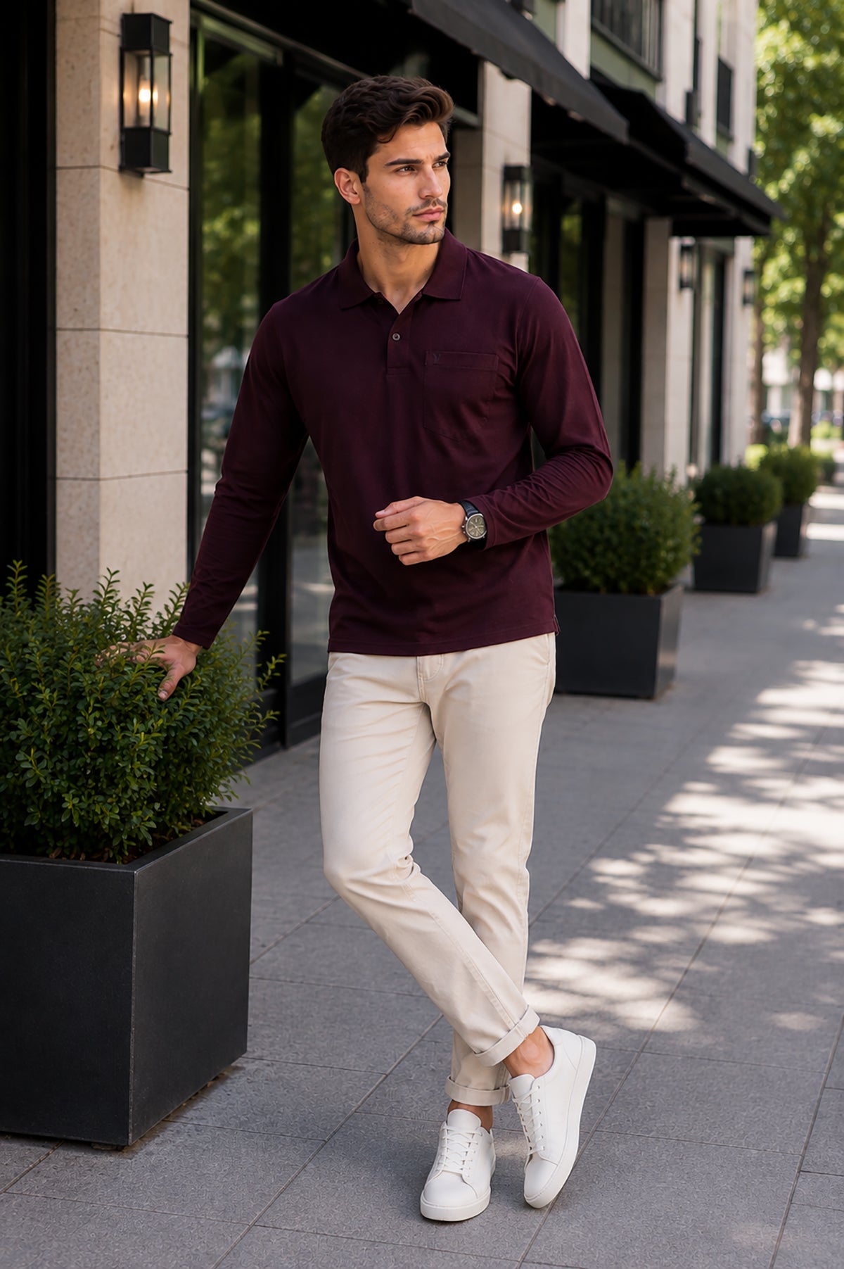 Burgundy Solid Cotton Full Sleeve Polo T Shirts
