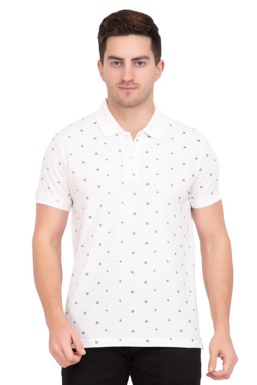 White Printed Polo Neck Cotton T-Shirt