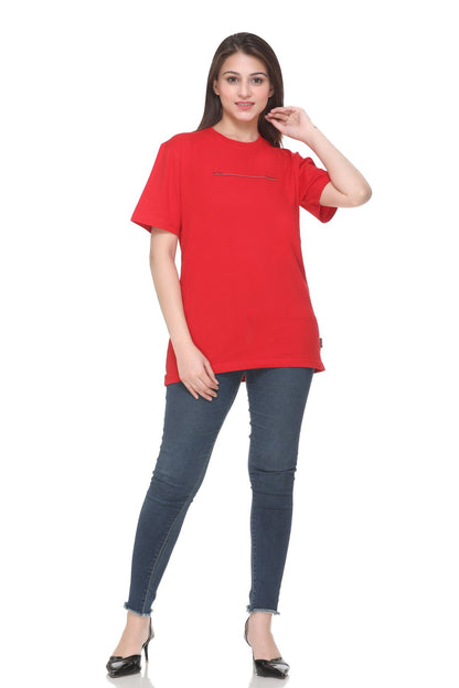 Women Solid Red Cotton Lycra Loose Fit Round Neck T-Shirt