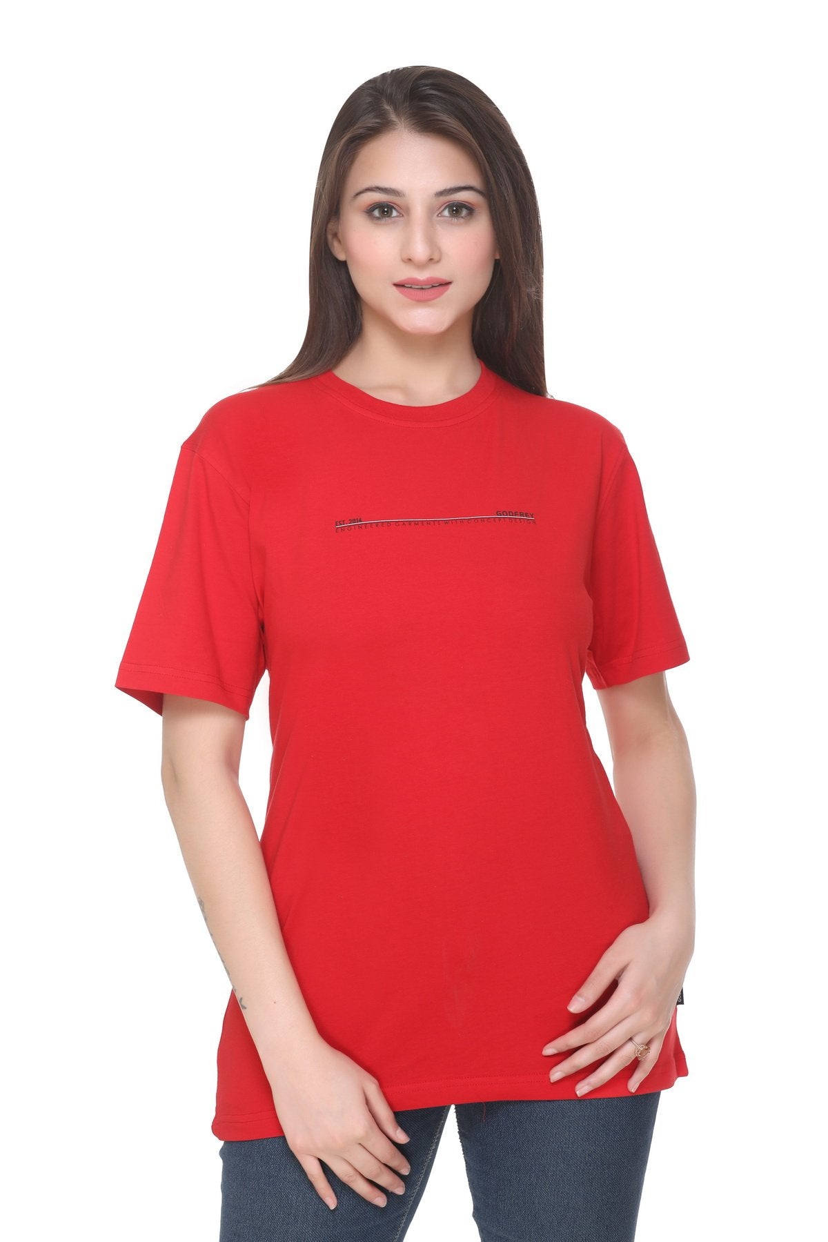 Women Solid Red Cotton Lycra Loose Fit Round Neck T-Shirt