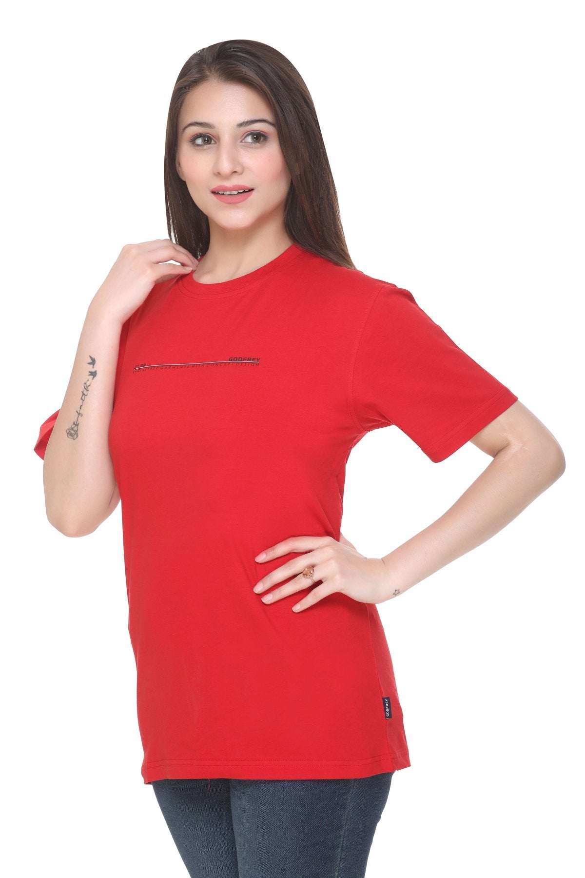 Women Solid Red Cotton Lycra Loose Fit Round Neck T-Shirt