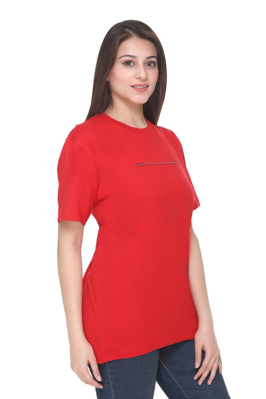Women Solid Red Cotton Lycra Loose Fit Round Neck T-Shirt