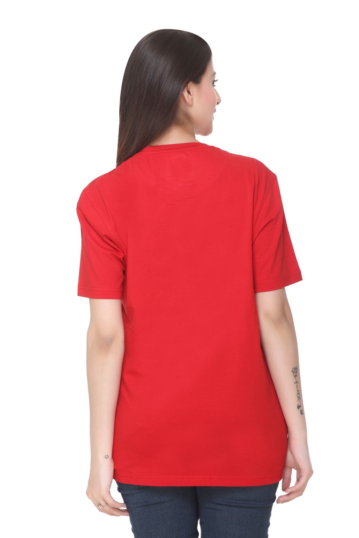 Women Solid Red Cotton Lycra Loose Fit Round Neck T-Shirt