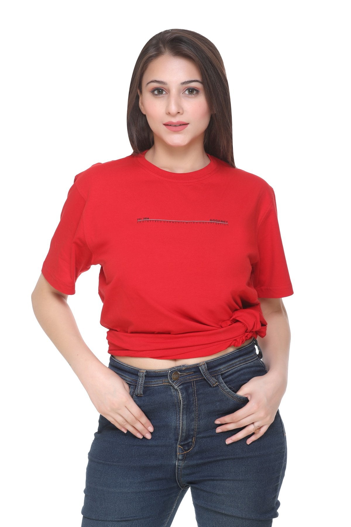 Women Solid Red Cotton Lycra Loose Fit Round Neck T-Shirt