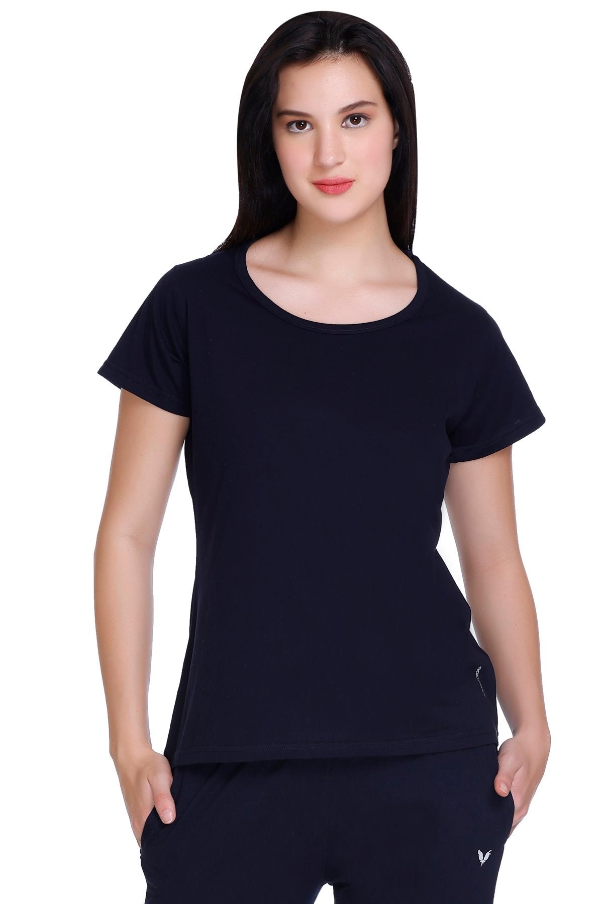 Women Solid Navy Cotton Round Neck T-Shirt